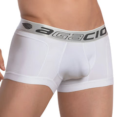 White agacio ag061 armor menâ€™s boxer briefs with gray elastic waistband featuring brand logo