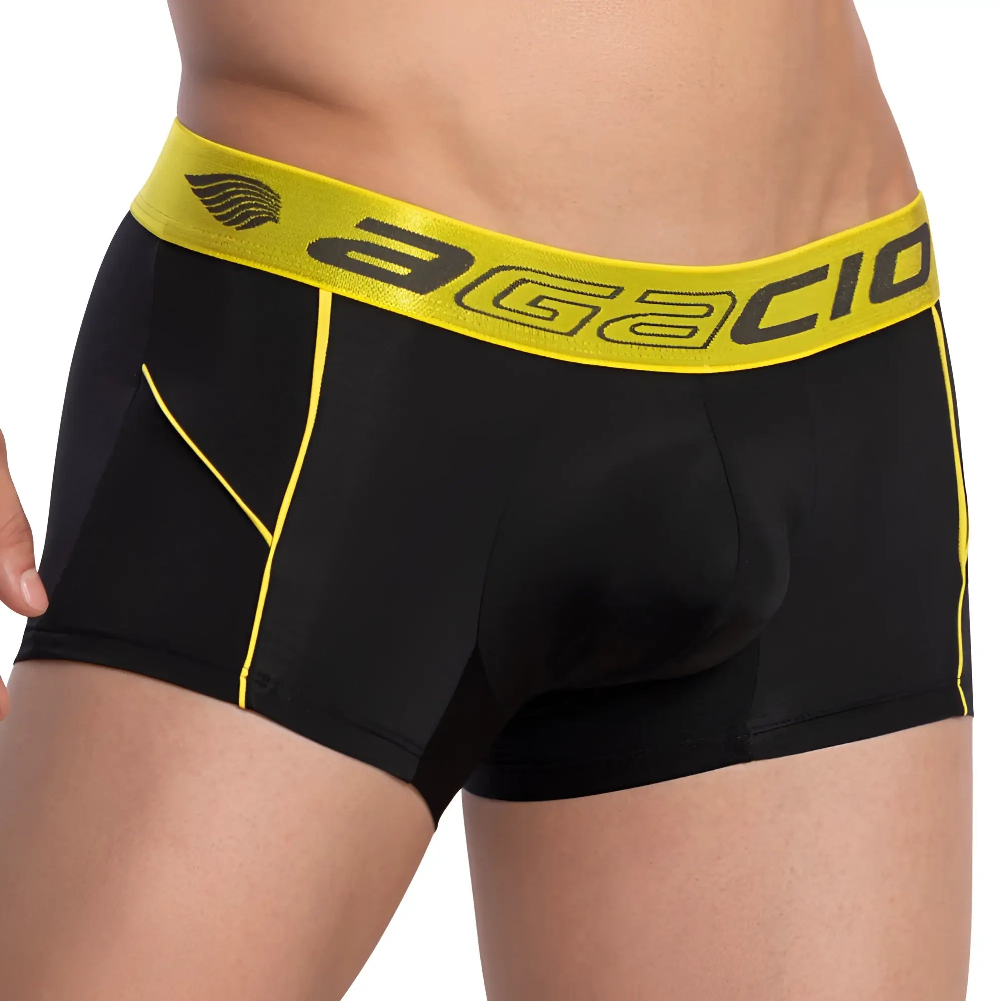 Black agacio agg062 pouch boxer trunk briefs with bright yellow branded waistband and yellow side stitching