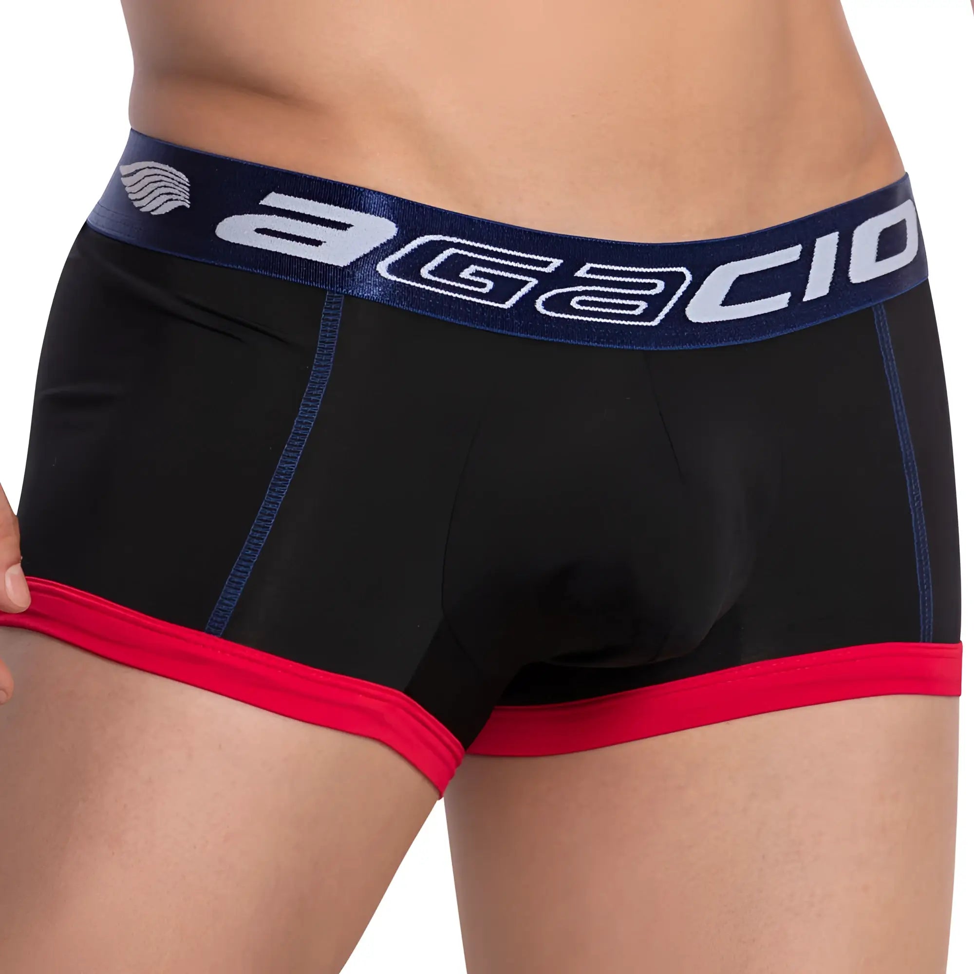Black agacio AGG063 stretch boxer trunk with navy waistband white lettering and red trim along leg openings
