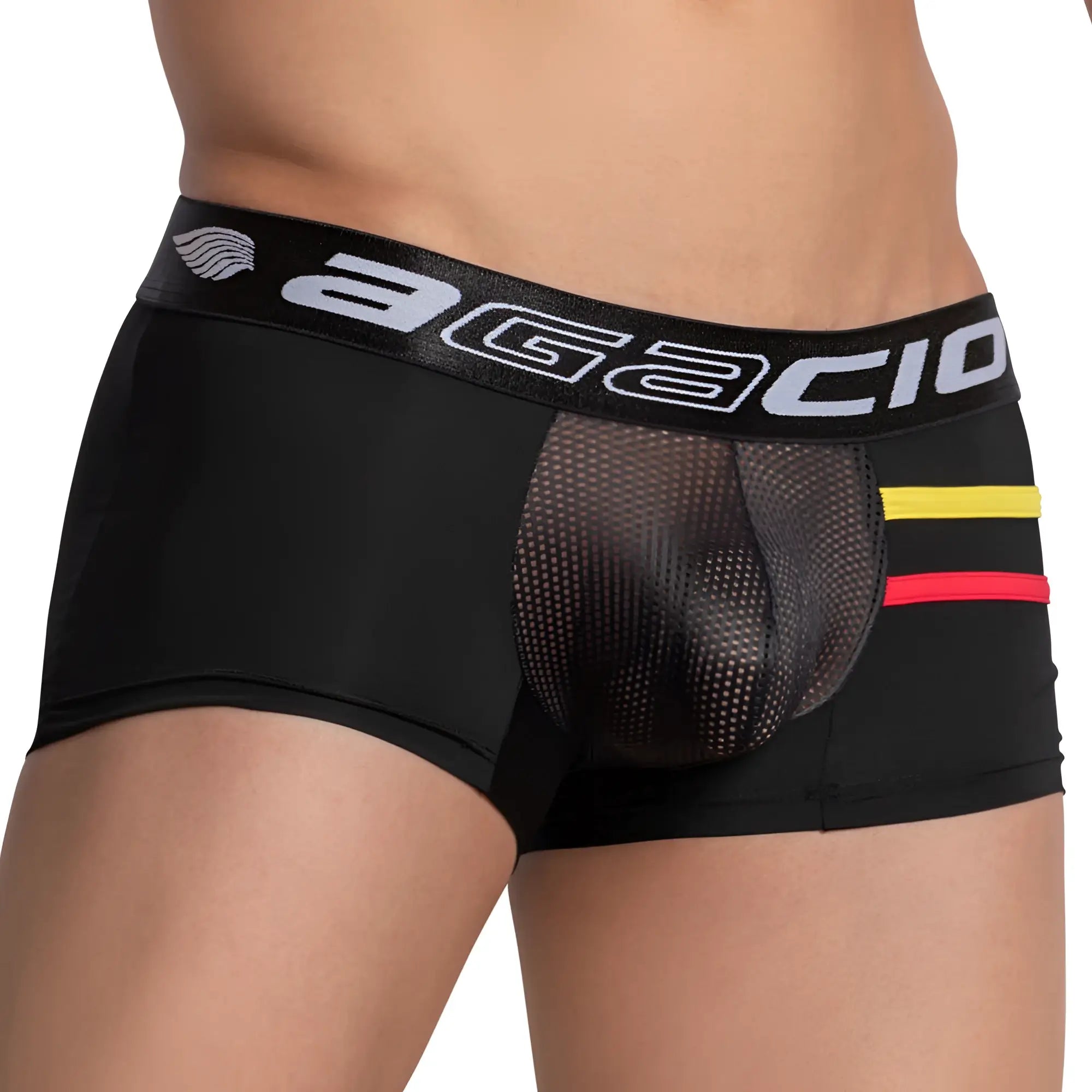 Black agacio agg064 boxer trunk briefs with mesh panel featuring yellow and red side stripes