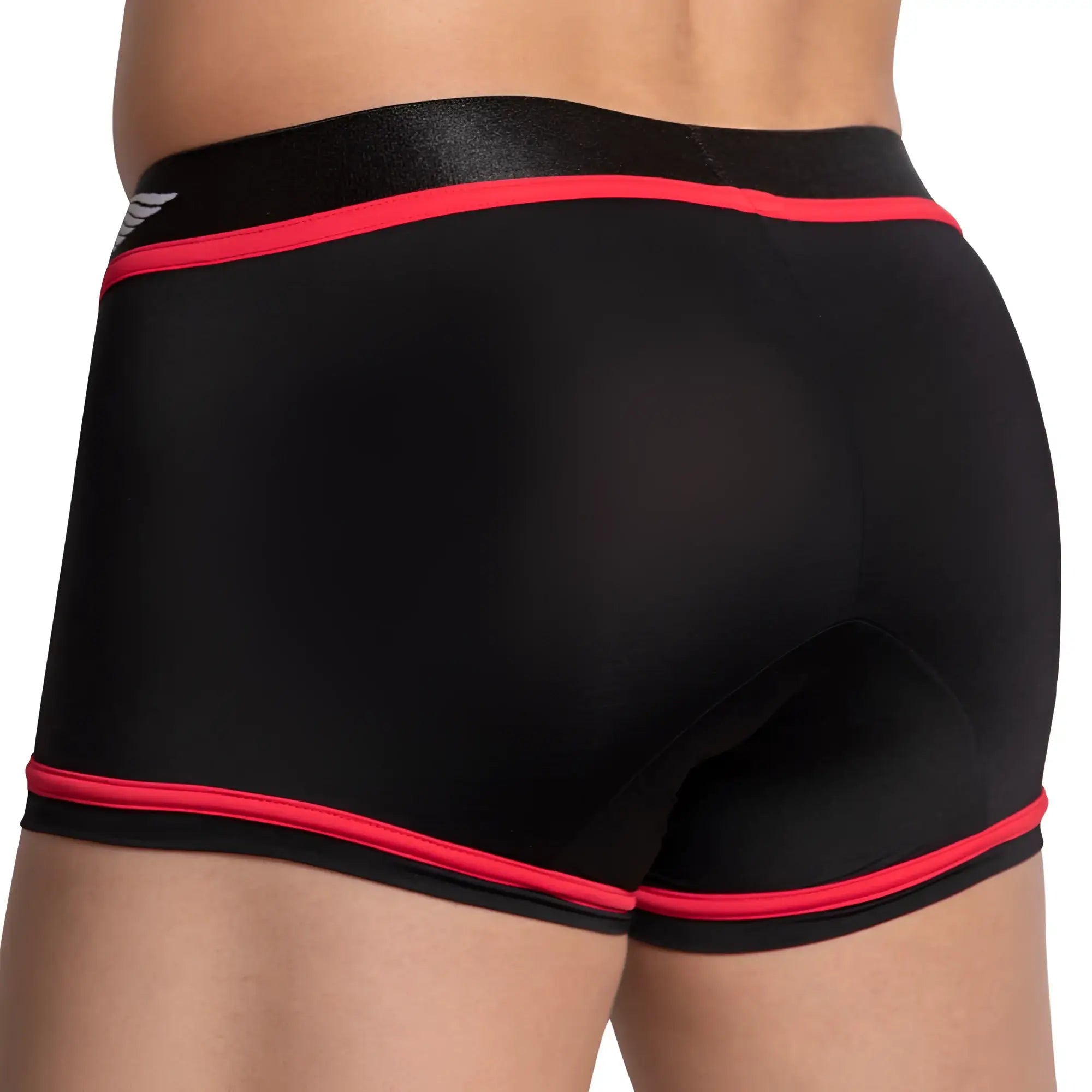 Agacio agg066 boxer trunk black briefs with vibrant red trim and subtle wing logo on waistband front view
