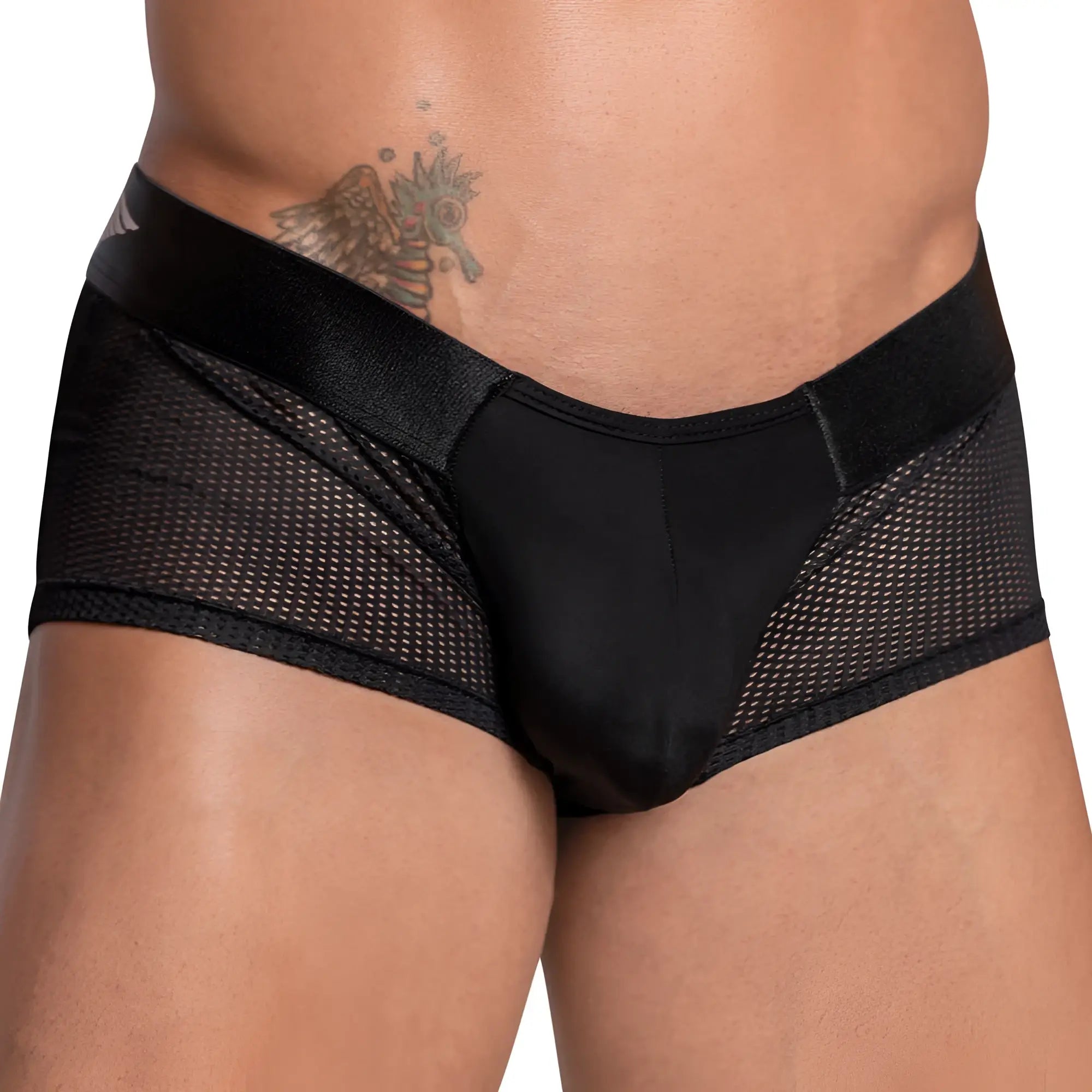 Black mesh briefs with sheer sides and solid black waistband and front panel agacio agg067 sheer sides boxer trunk