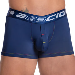 Navy blue agacio AGG070 boxer trunk with textured waistband white lettering and red yellow stitching details