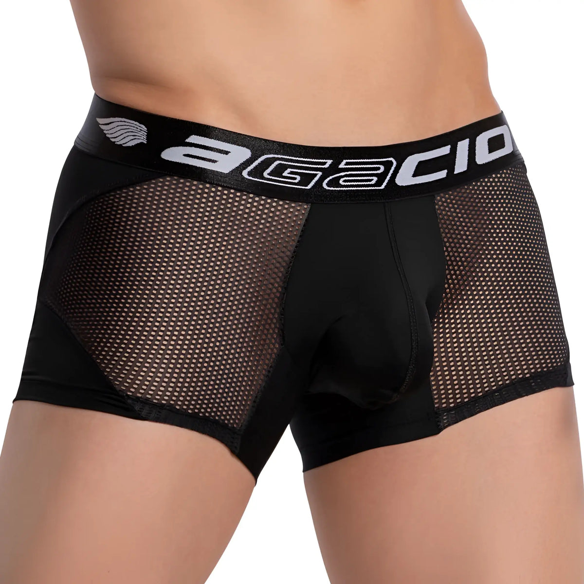 Black agacio agg074 athletic mesh boxer trunk with breathable mesh panels and branded waistband for men