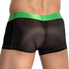 Black mesh boxer briefs with vibrant green elastic waistband and stitching fishnet sides agacio agg077 trunk