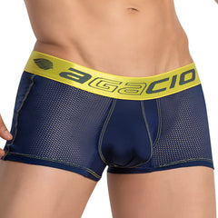Navy blue mesh agacio agg077 fishnet sides boxer trunk with bright yellow elastic waistband and black brand name lettering