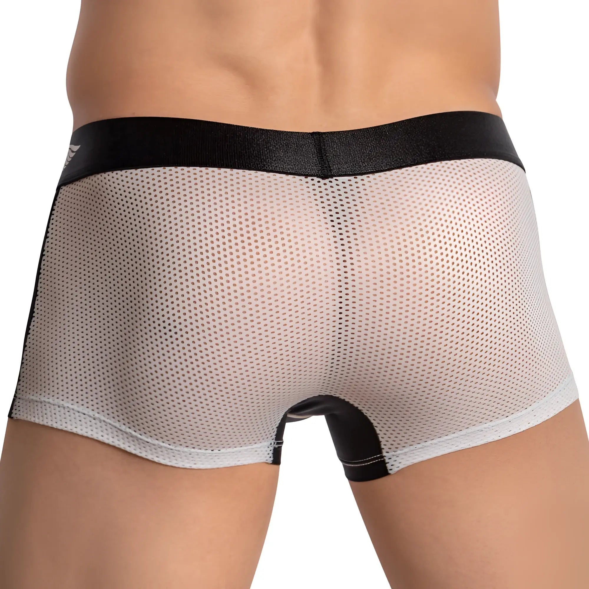 Agacio agg078 sheer back boxer trunk in black and white mesh with a sleek modern design showing the back side