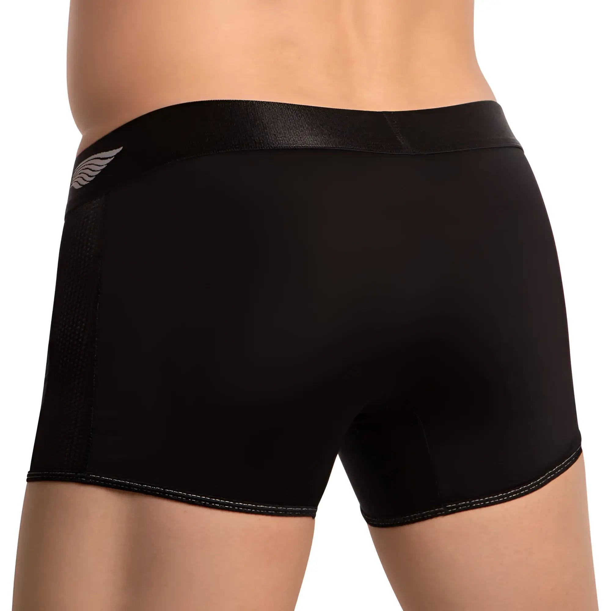 Black menâ€™s boxer briefs agacio agg079 with sleek smooth fabric and subtle silver wing logo on black waistband