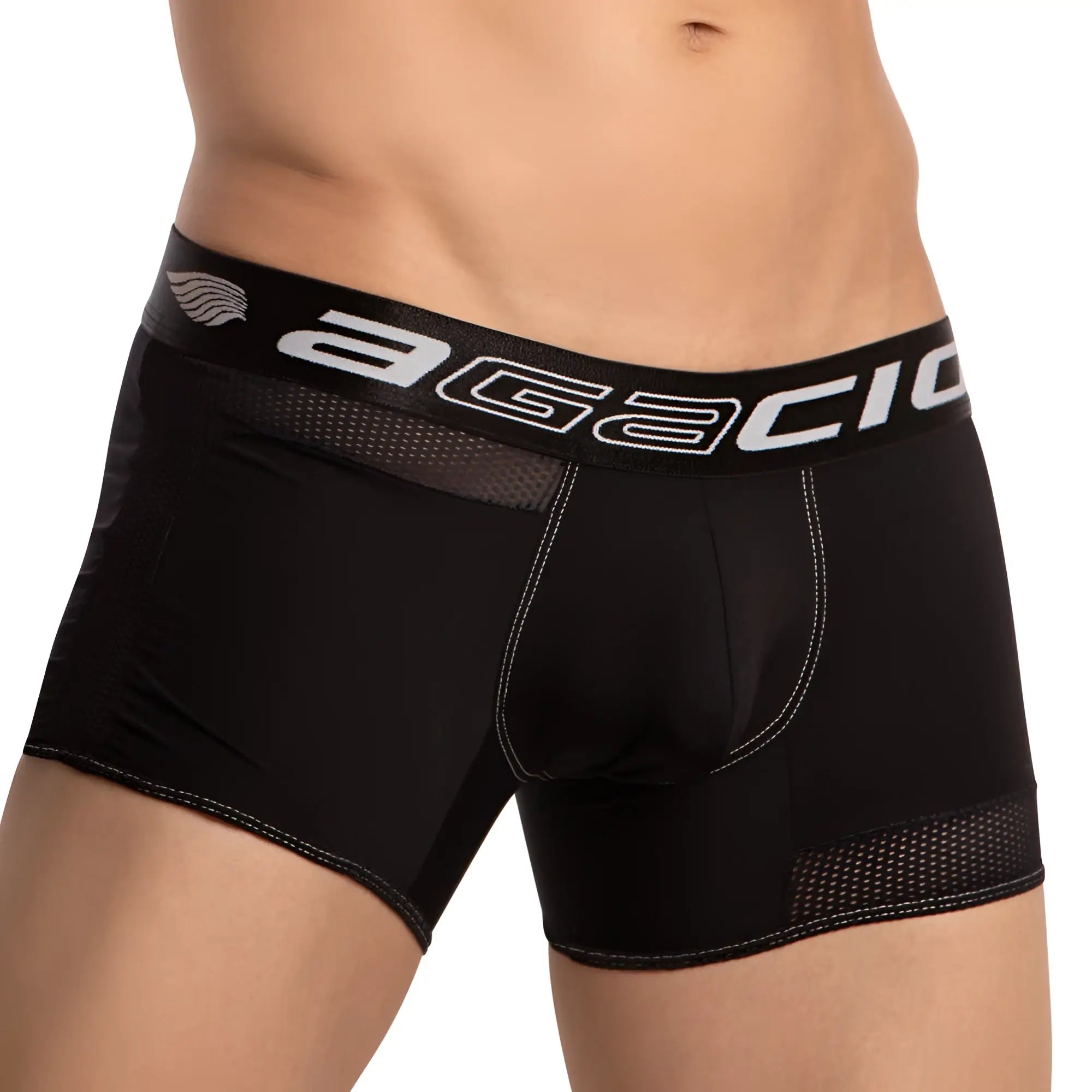 Black agacio agg079 boxer trunk with white logo and breathable mesh panels for menâ€™s comfort and support