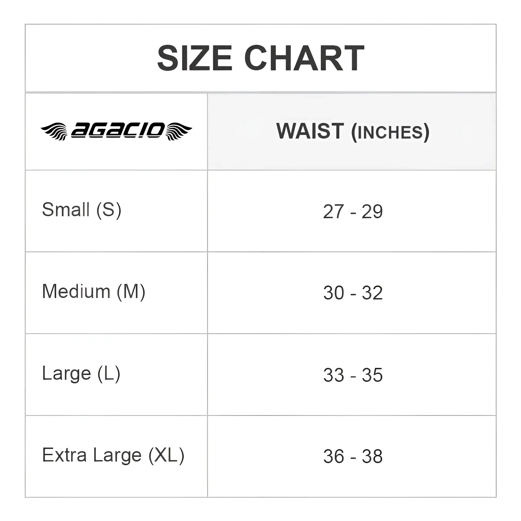 Agacio agg079 boxer trunk size chart showing waist measurements for small medium large and extra large sizes