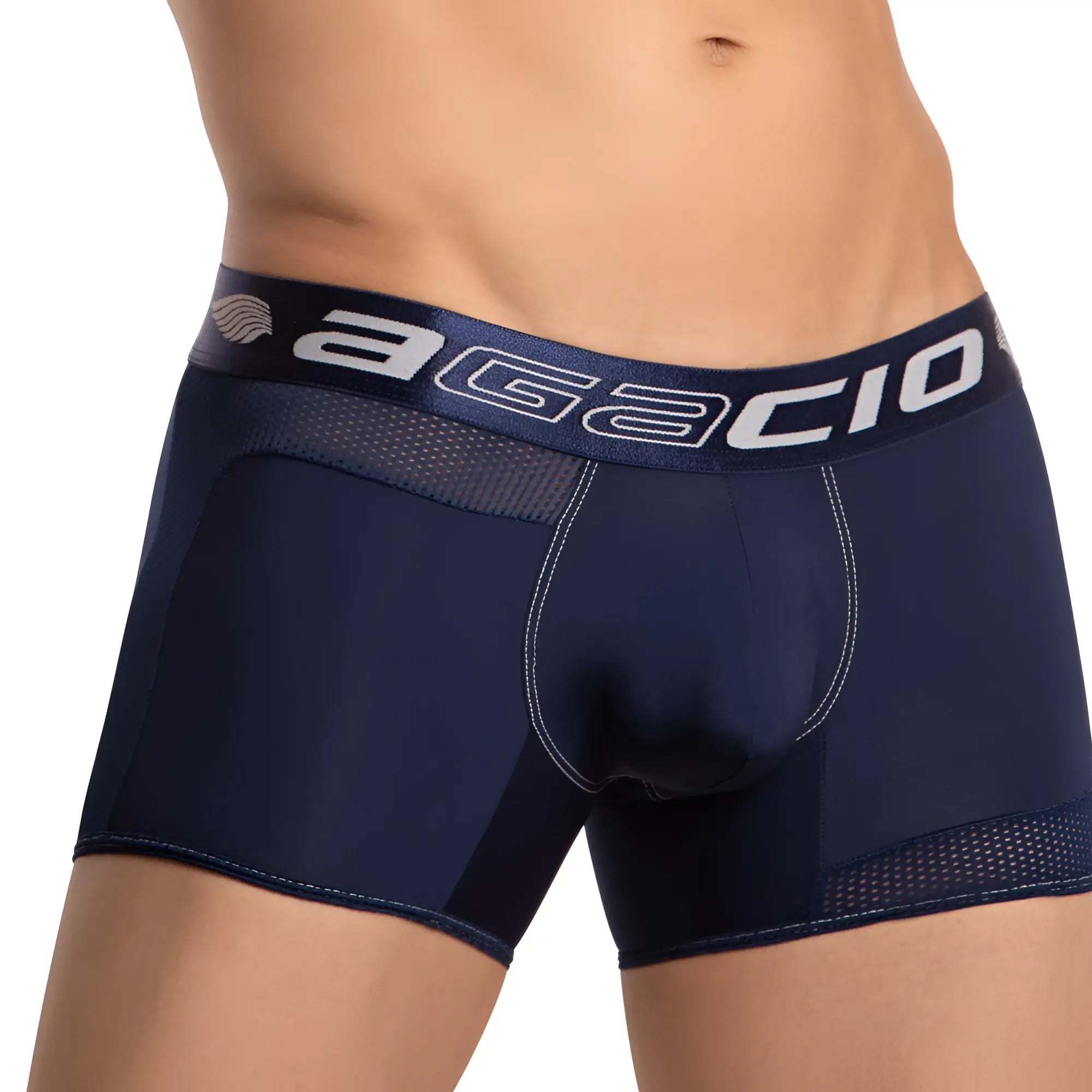Navy blue agacio agg079 boxer trunk with mesh panels and white stitching for menâ€™s breathable comfort