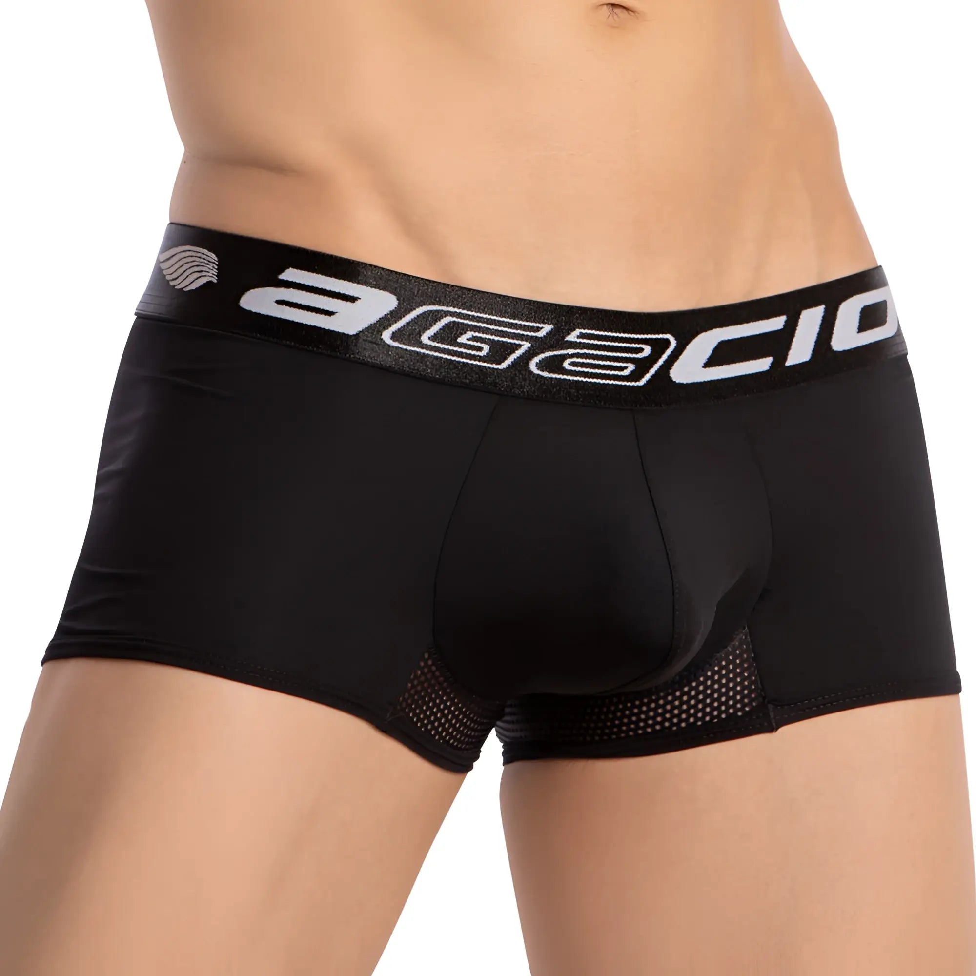 Black agacio agg082 boxer trunk with white logo band and mesh panel detailing for men