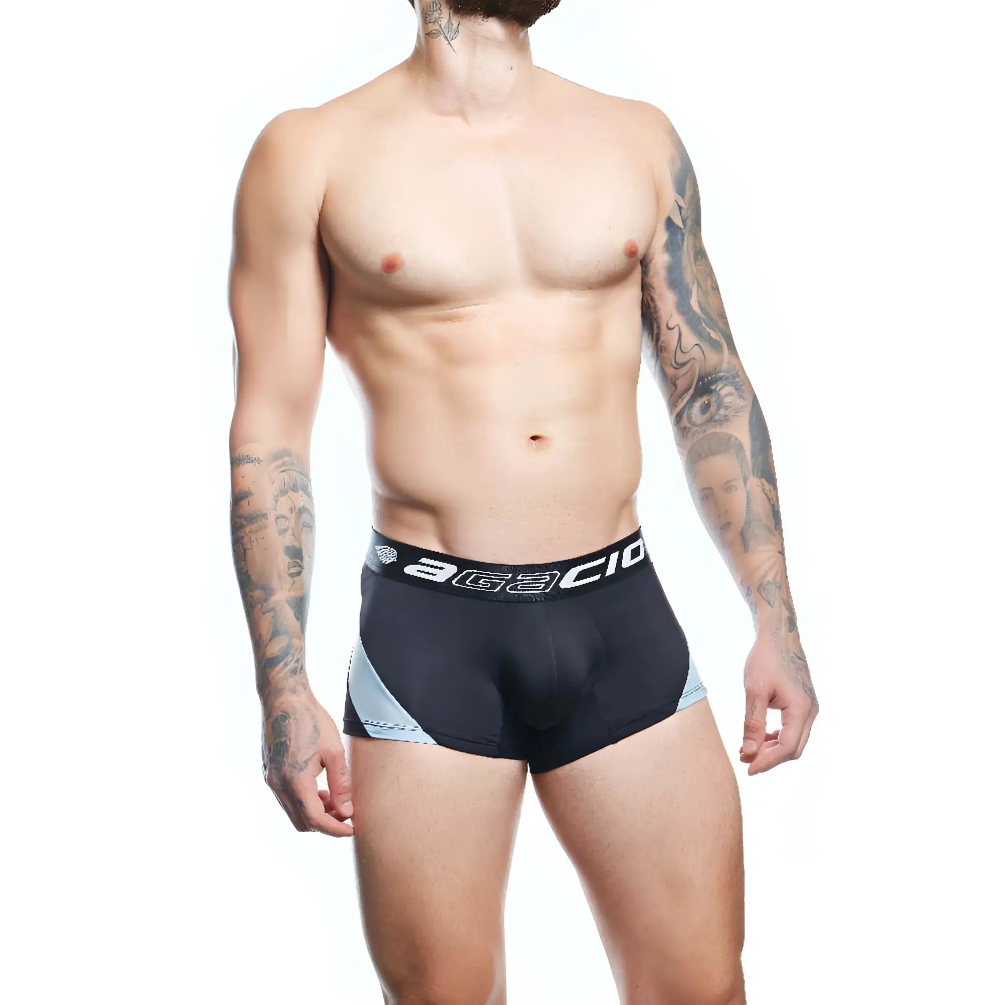 Agacio AGG087 boxer trunk in black and light blue with white logo elastic waistband for athletic wear