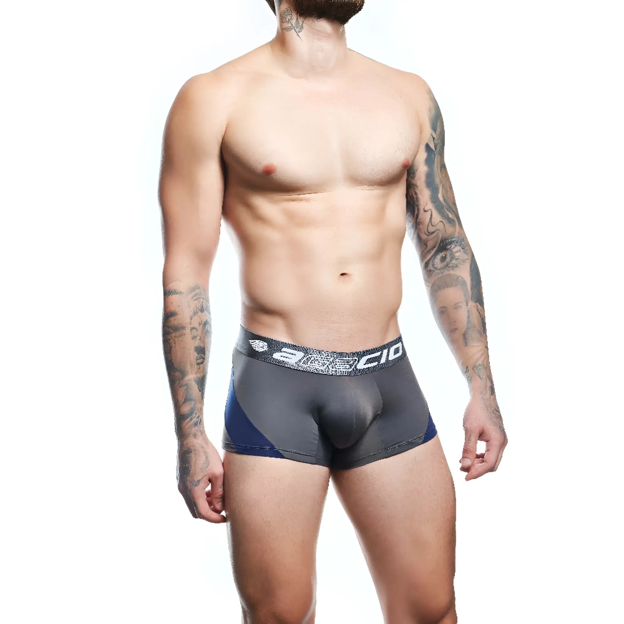Agacio agg087 boxer trunk in gray and blue athletic fabric with black aegis logo waistband for active wear