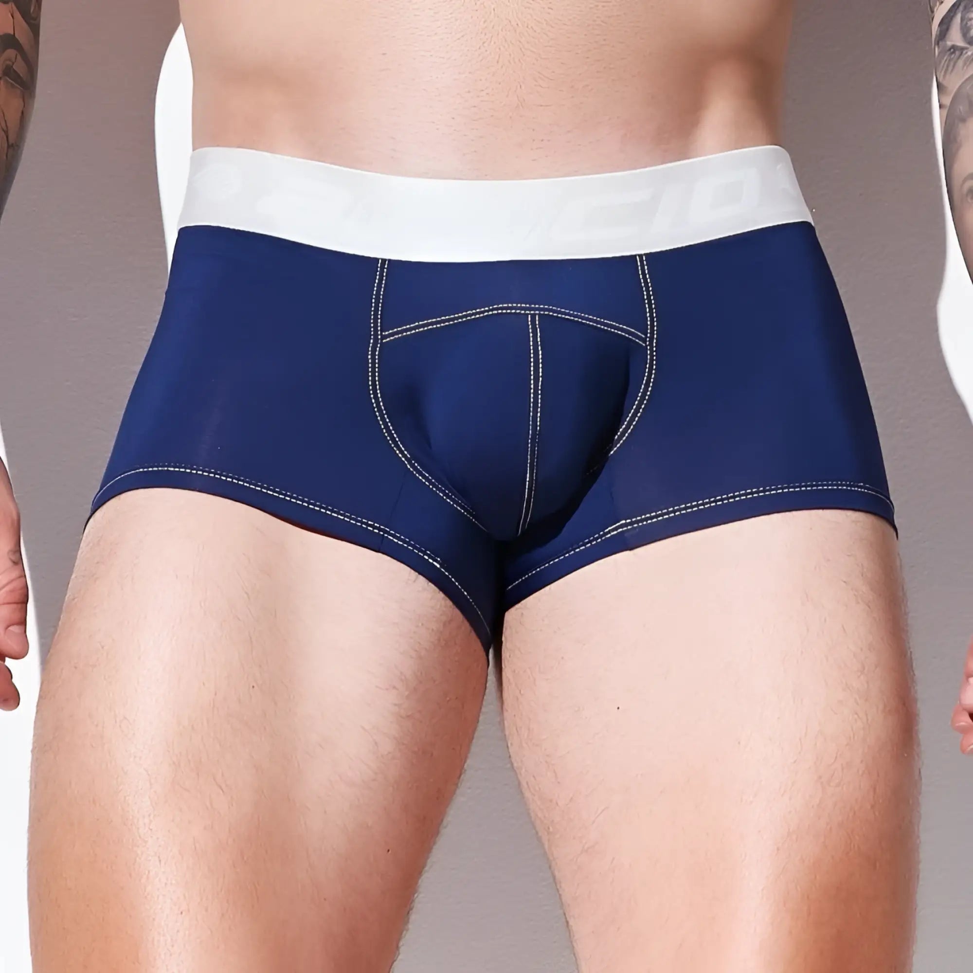 Navy blue Agacio AGG088 boxer trunk with white elastic waistband and contrasting light stitching for comfort and support