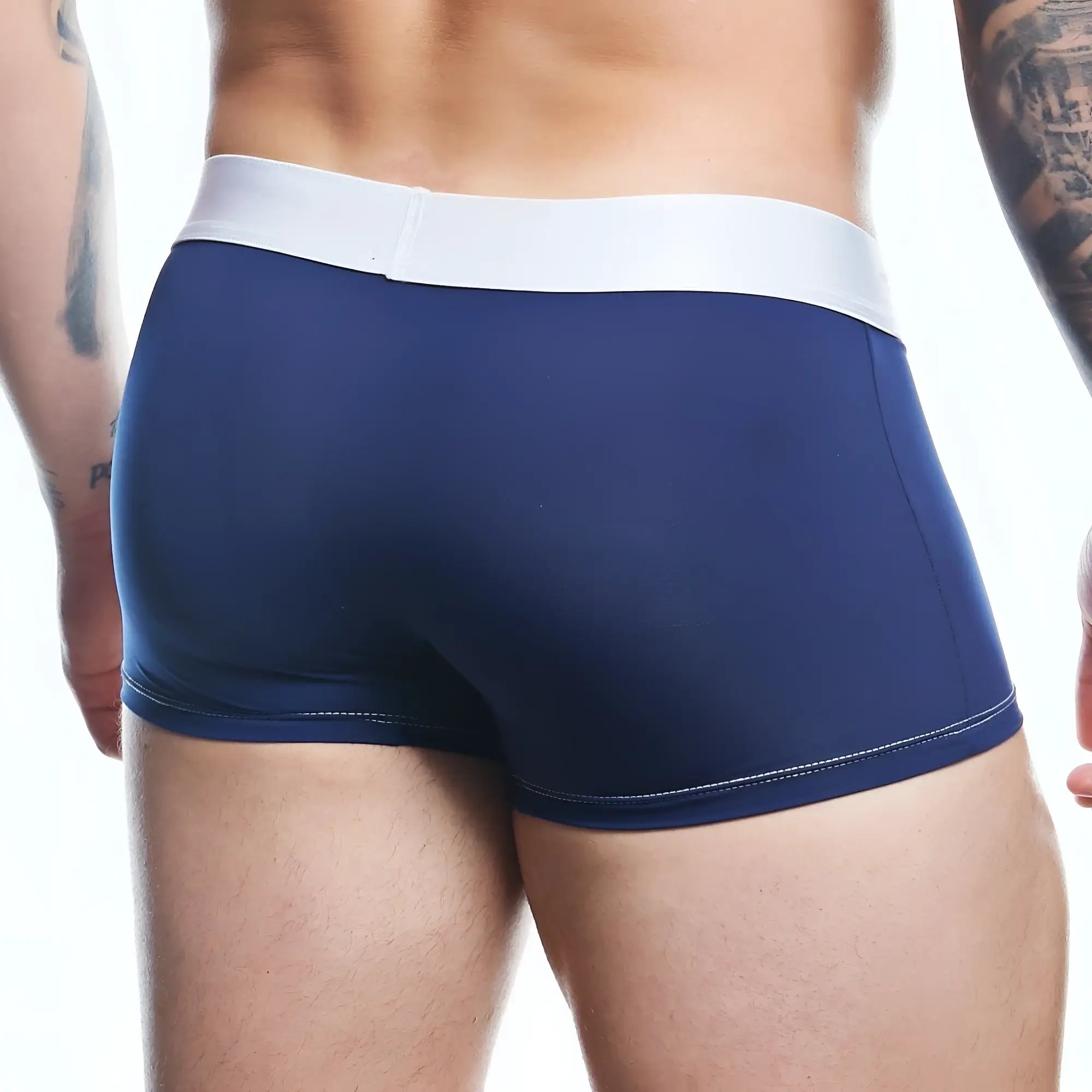 Agacio AGG088 navy blue boxer trunk with white elastic waistband and subtle stitching along leg openings