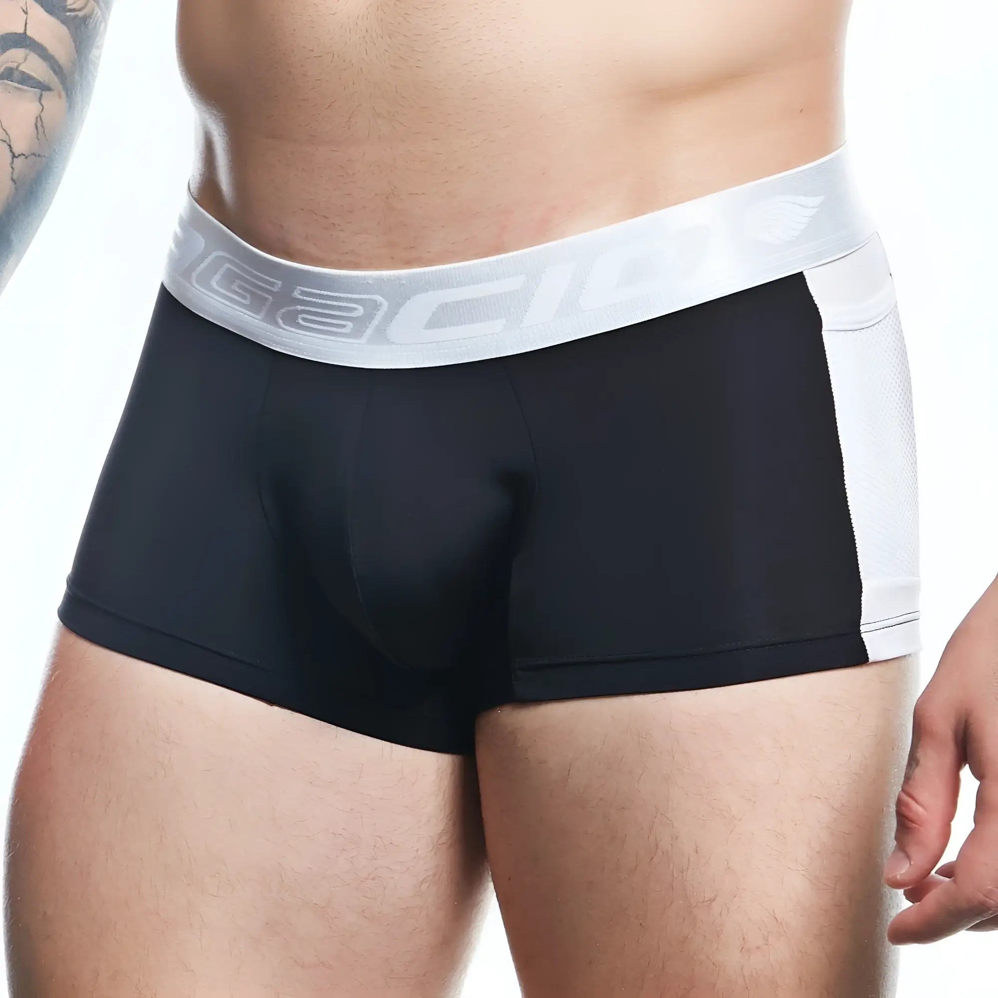 Black and white agacio AGG089 boxer trunk briefs with silver logo waistband for athletic use
