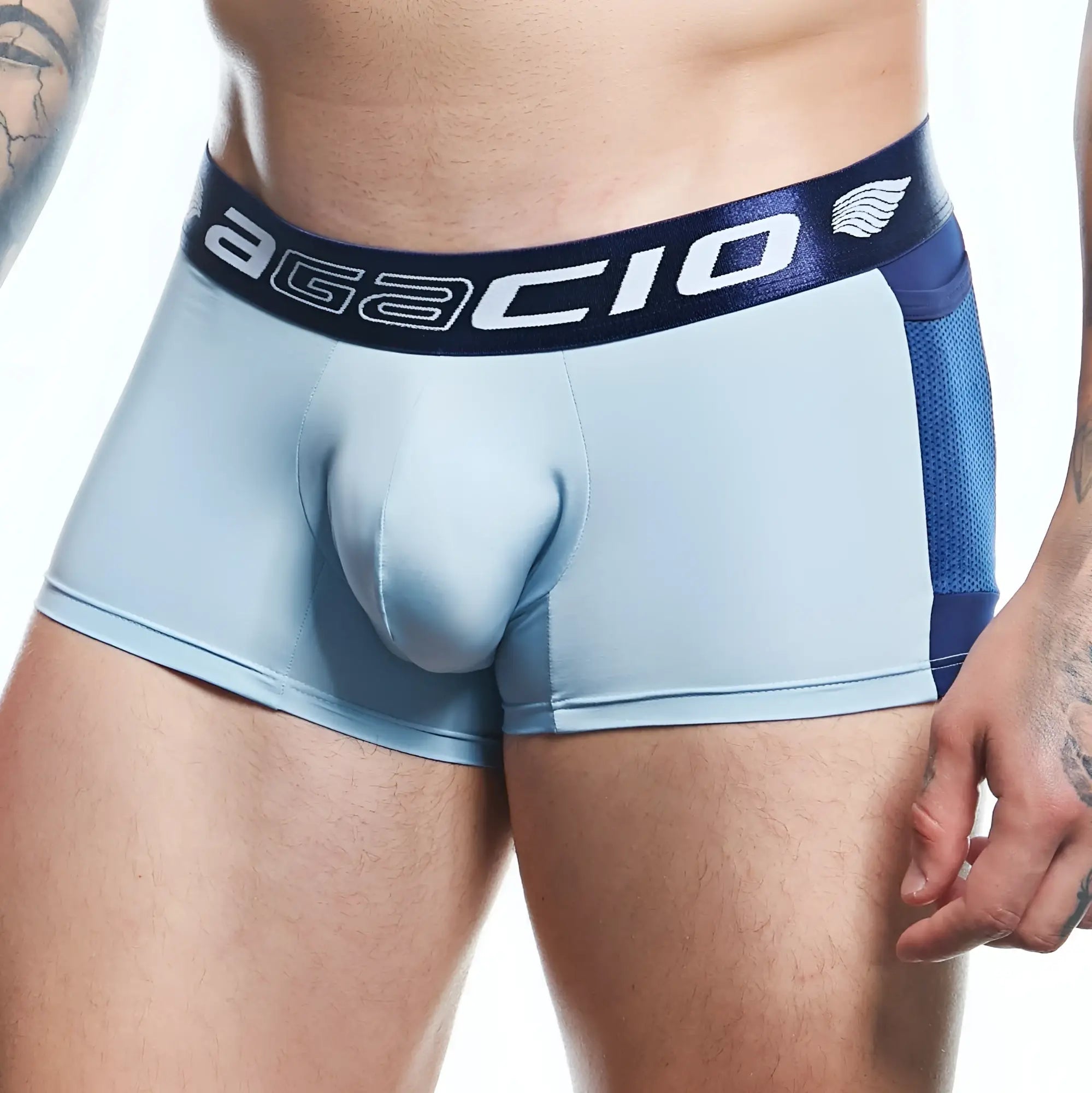 Light blue agacio agg089 boxer trunks with navy waistband white lettering wing logo and mesh side panels for men