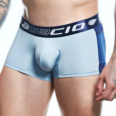 Light blue agacio agg089 boxer trunks with navy waistband white lettering wing logo and mesh side panels for men