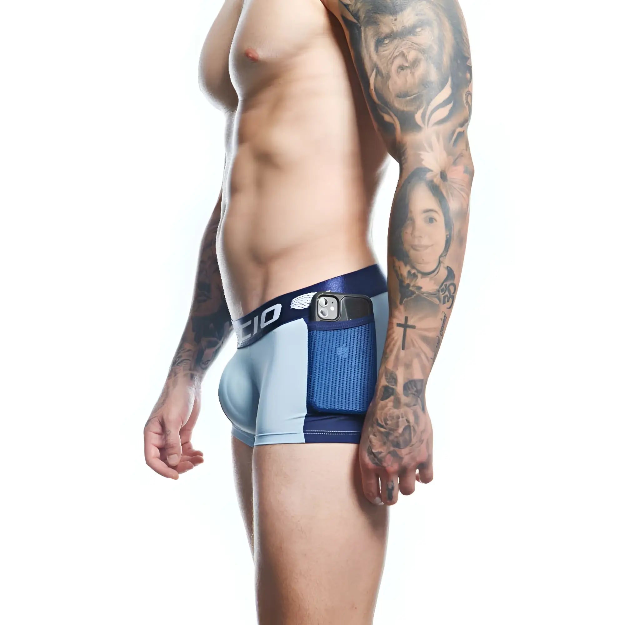 Agacio agg089 boxer trunk in light blue and navy with textured mesh side panel and integrated phone pocket with black strap
