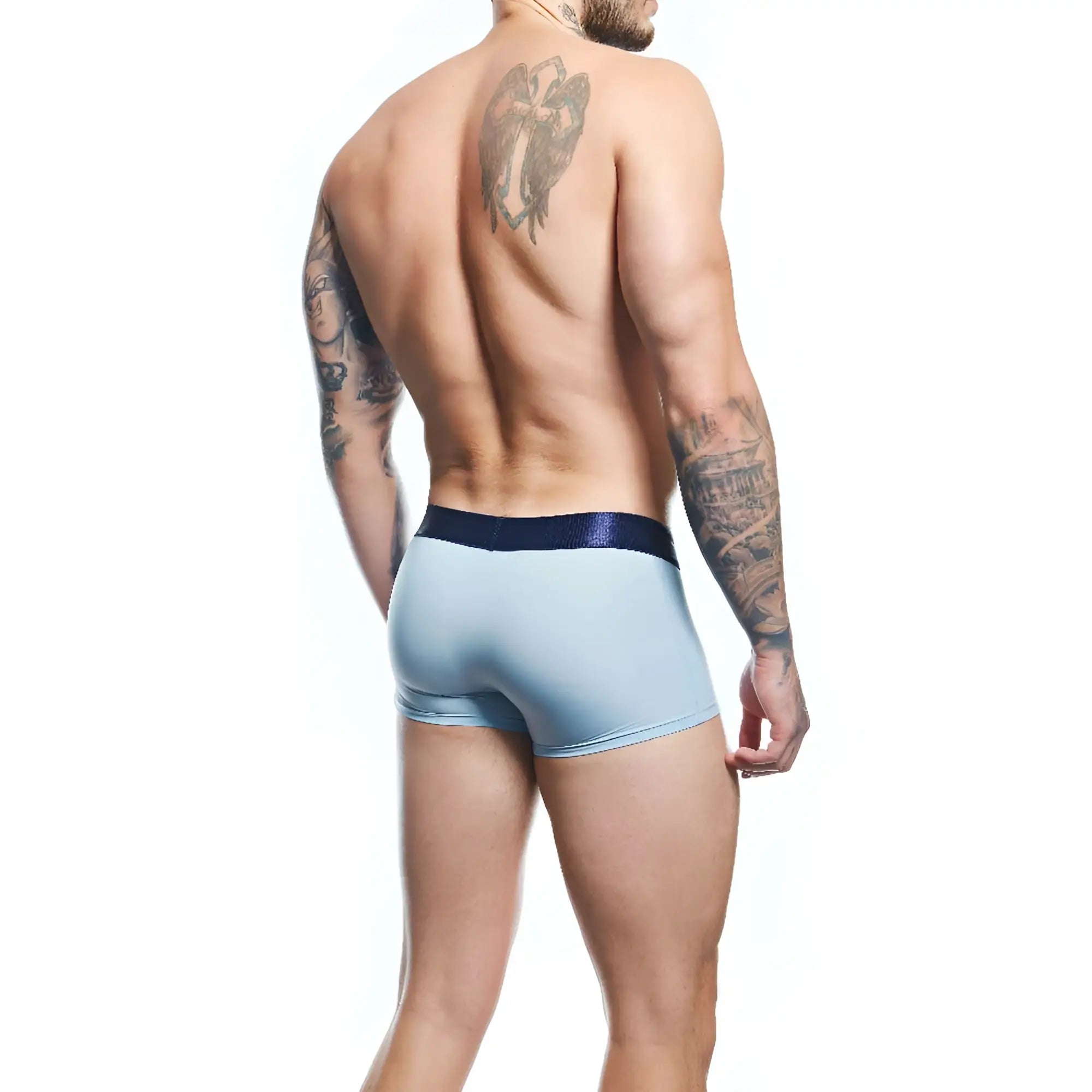 Agacio AGG089 boxer trunk in light blue with shiny navy elastic waistband for comfortable everyday wear