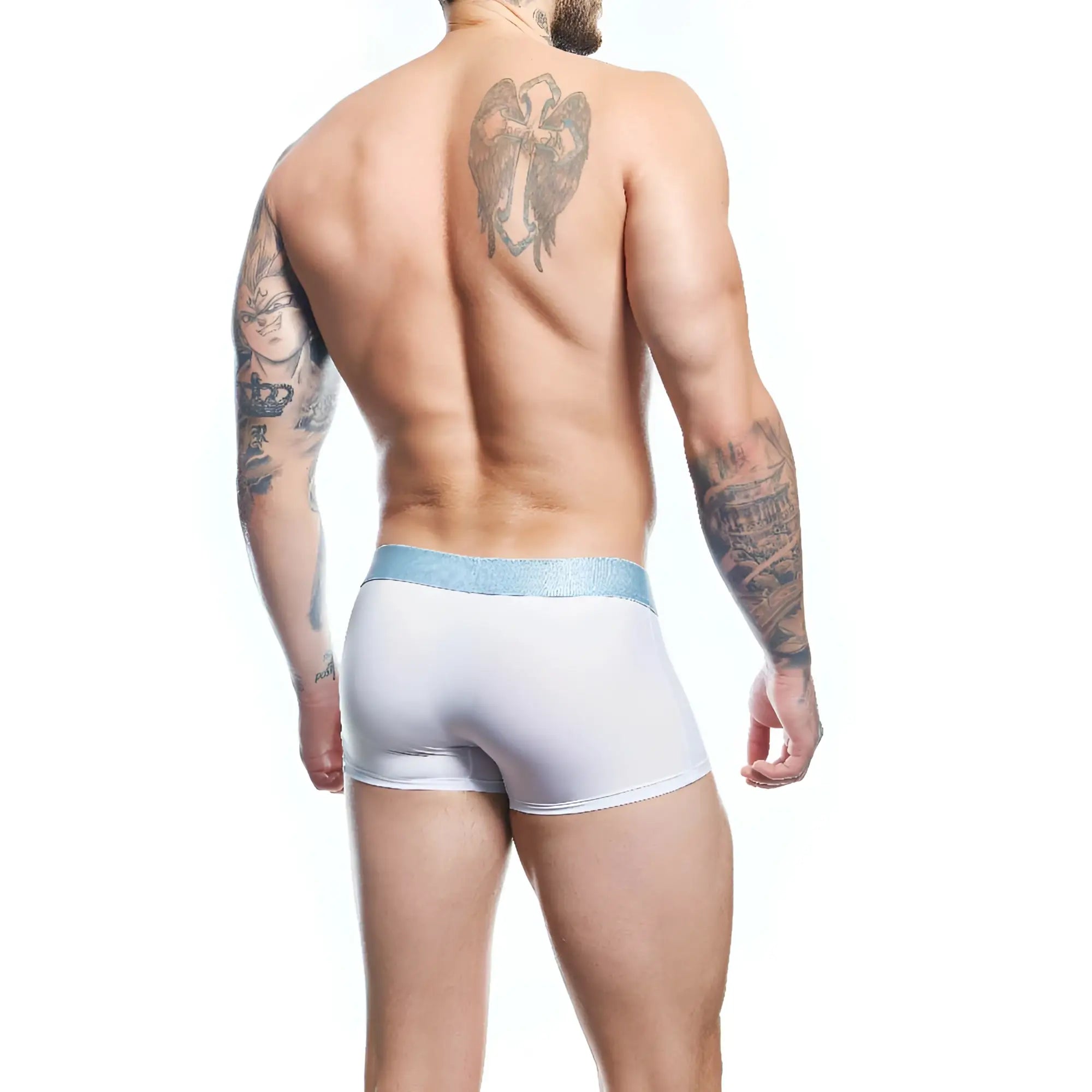 Agacio AGG089 white boxer trunks with shimmering light blue elastic waistband for comfortable everyday wear