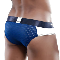 Agacio AGH026 blue and white athletic briefs with perforated mesh fabric and navy aerofit elastic waistband