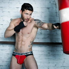 Agacio AGH026 brief in red and black athletic fabric with silver logo band designed for active wear