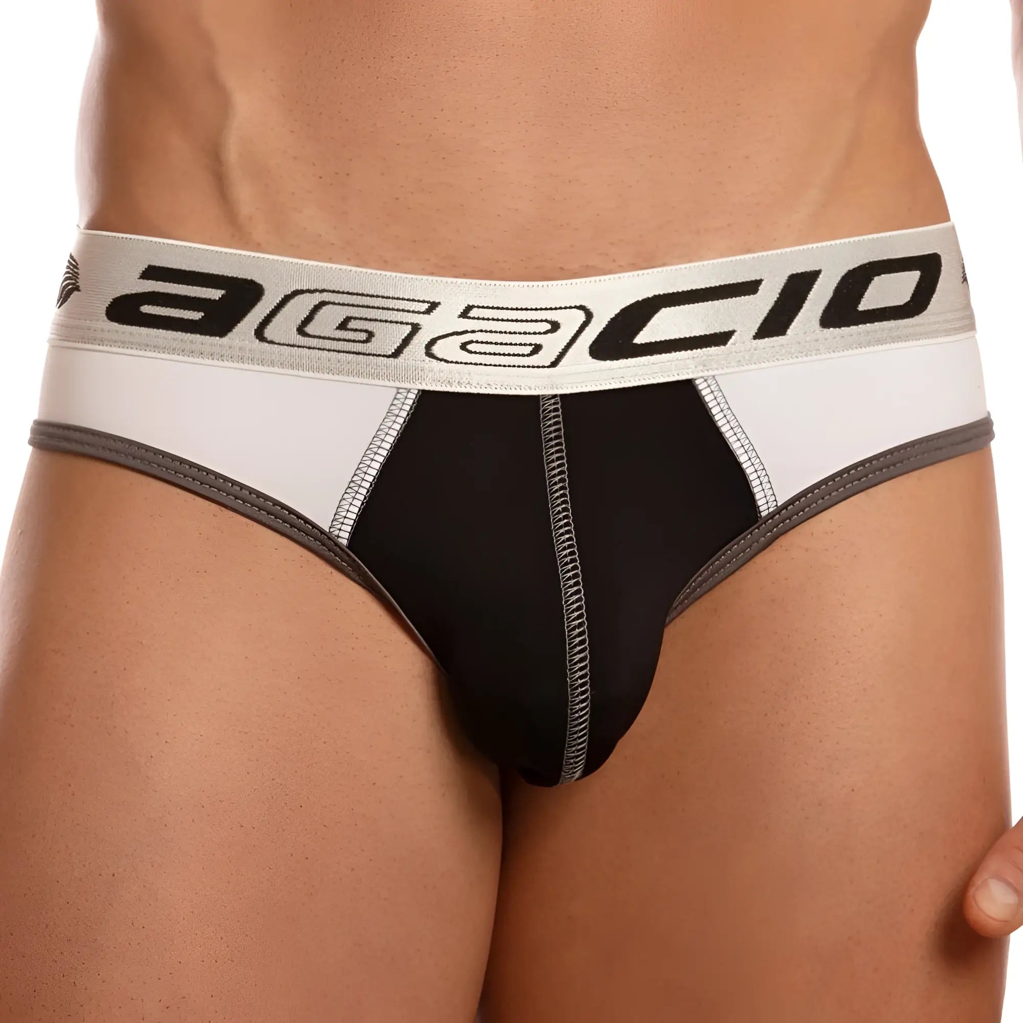 Black and white agacio AGH035 brief with gray trim designed for comfortable everyday wear