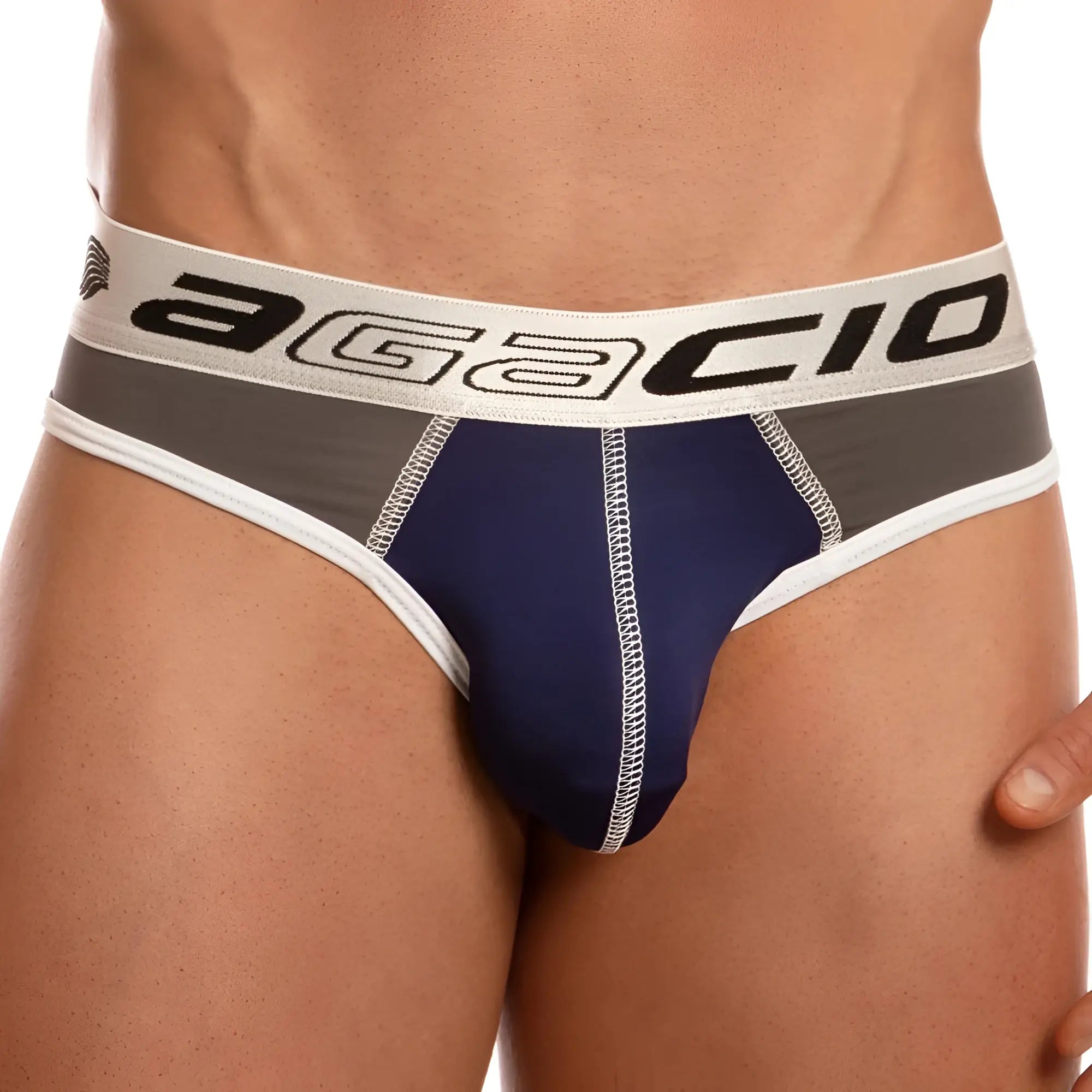 Navy blue and gray agacio AGH035 briefs with white trim featuring a comfortable, supportive design
