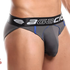 Gray and blue agacio AGI010 bikini briefs with black waistband and white lettering showcasing branded design