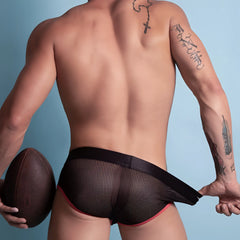 Agacio AGI012 brief in black mesh with red trim and satin waistband designed for athletic comfort