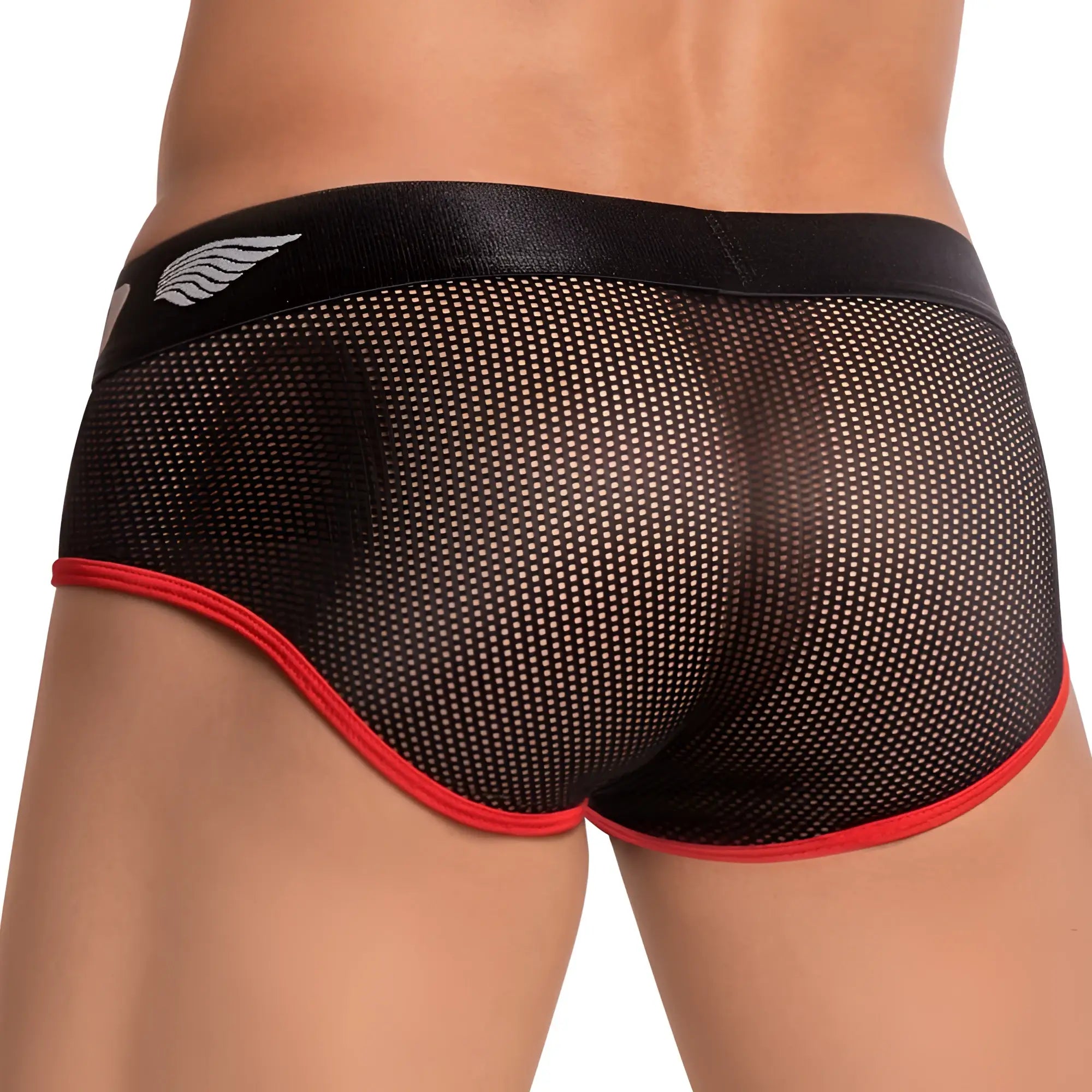 Agacio AGI012 brief black mesh with red trim and white wing logo on waistband for breathable comfort