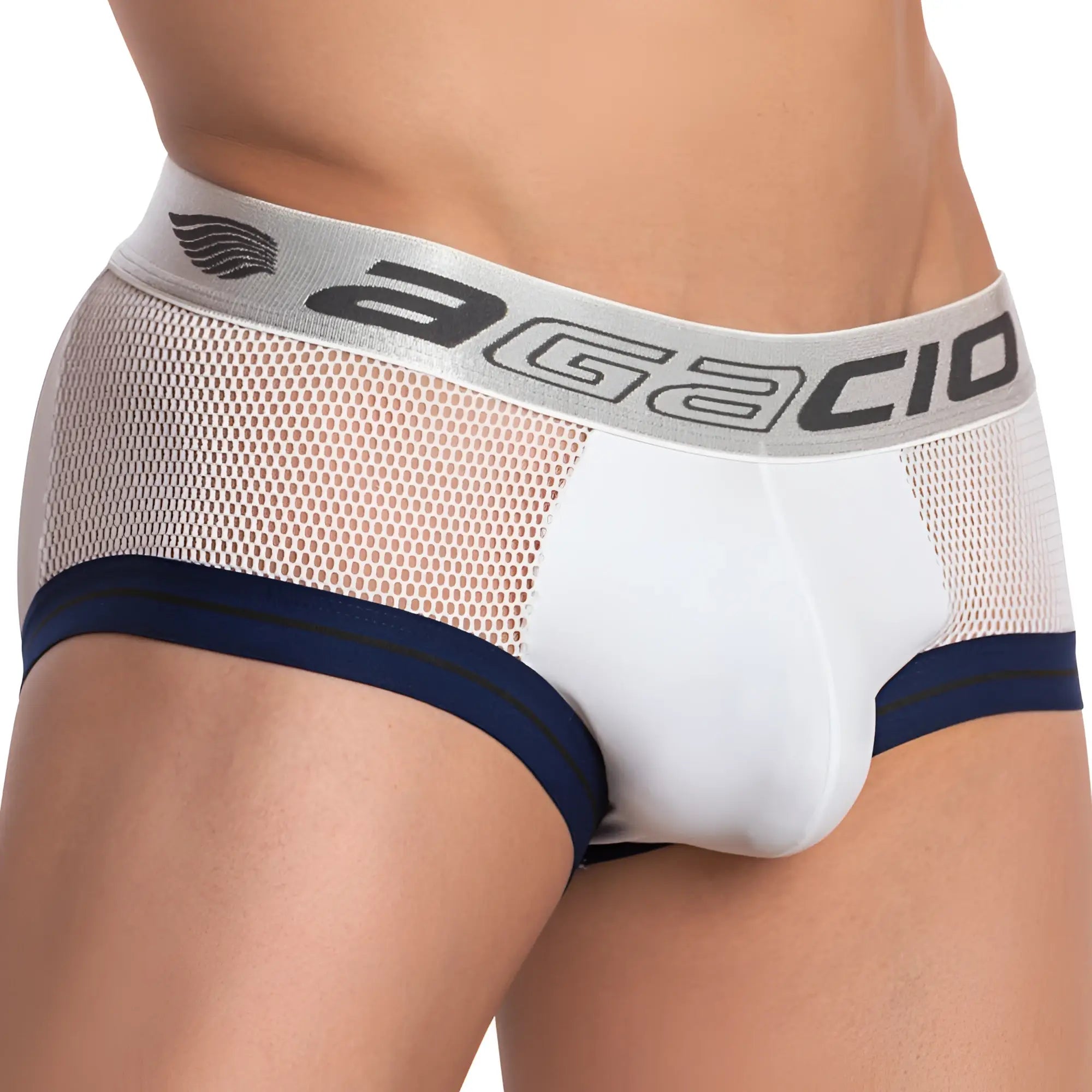 Agacio AGJ021 The Header Brief white and navy blue mesh briefs with gray waistband featuring Agacio logo