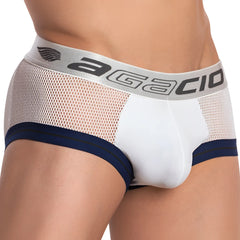 Agacio AGJ021 The Header Brief white and navy blue mesh briefs with gray waistband featuring Agacio logo