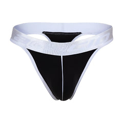 Agacio AGK038 black and white athletic thong with textured silver logo band shown from the back side