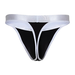Agacio AGK038 thong in black and white with a shiny silver waistband shown from the back side