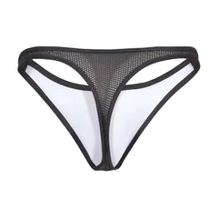 Black and white mesh thong with sheer breathable design by agacio model AGK039 shown from the back side