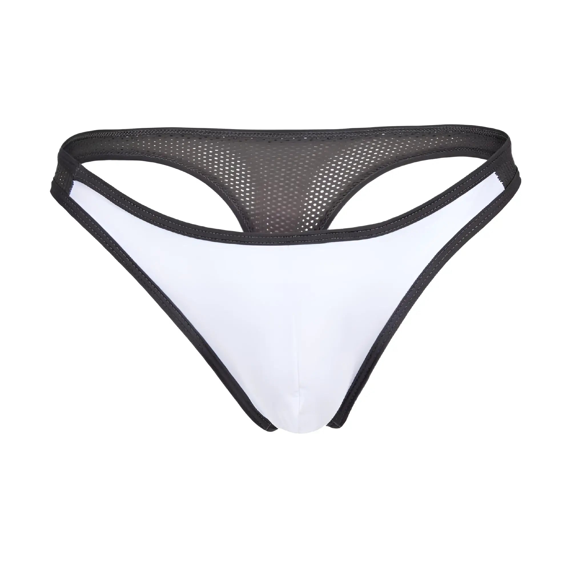 Agacio AGK039 thong in white and black mesh with a smooth, form-fitting design shown from the back side