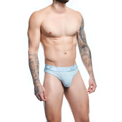 Agacio agk040 thong light blue mesh athletic briefs with solid panel and brand logo on the waistband front view