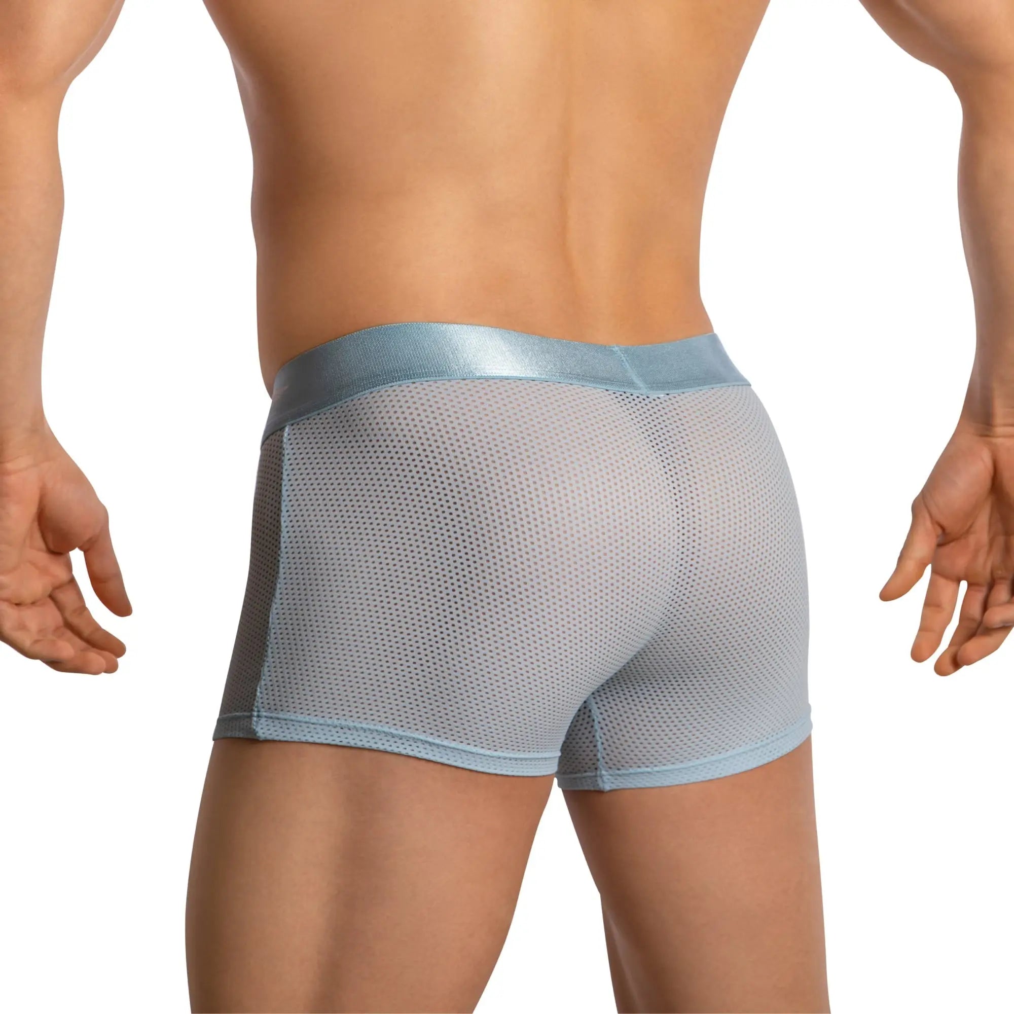 Light blue agacio boxer mesh trunks with satin waistband and pouch made from breathable mesh material