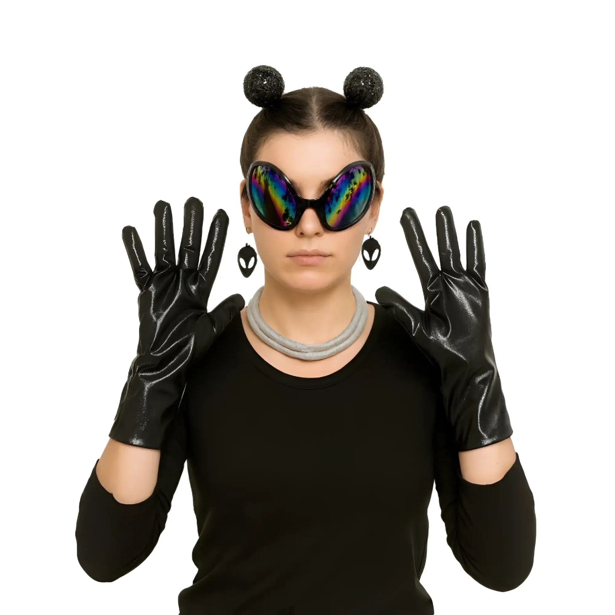 Black patent leather gloves with glossy finish and long fitted design from alien dress-up kit visible from the back