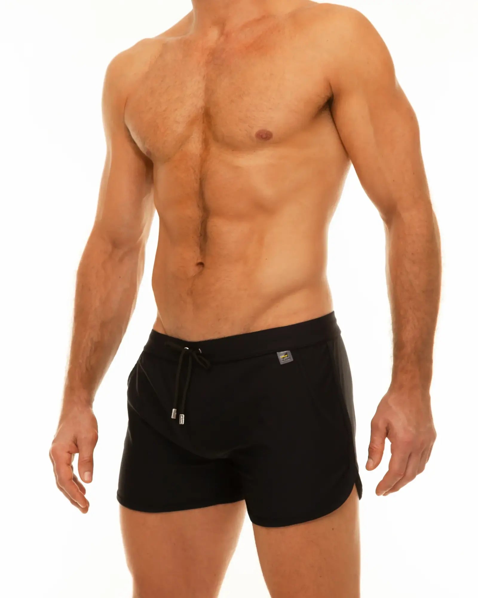 Black along slit swim short with drawstring waistband and small metallic logo on the side for swimming use