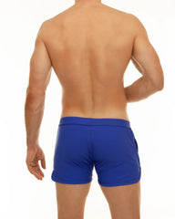 Bright blue along slit swim short with elastic waistband and snug fit ideal for athletic and swim use