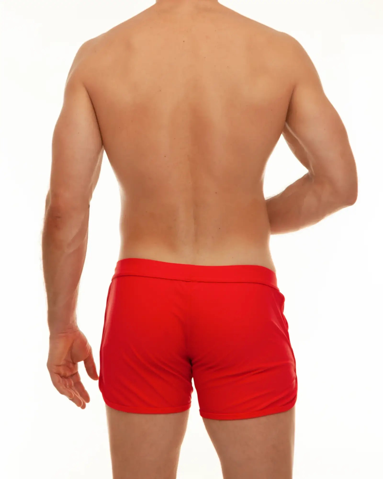 Bright red along slit swim shorts with form fitting smooth fabric finish for comfortable beachwear