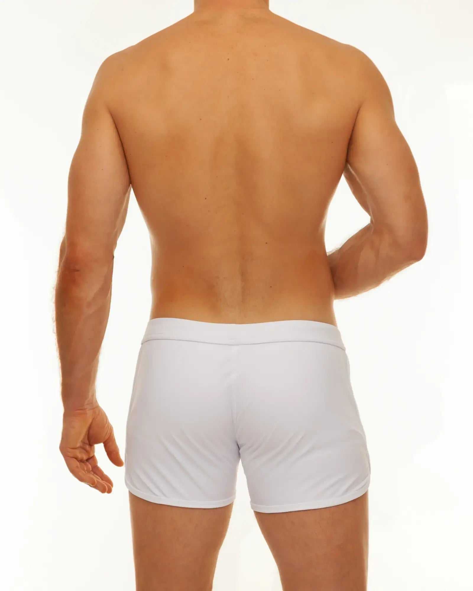White along slit swim short with smooth form-fitting design made of athletic briefs material for active use