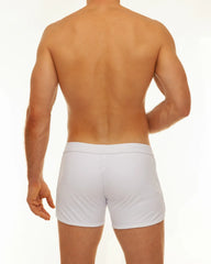 White along slit swim short with smooth form-fitting design made of athletic briefs material for active use