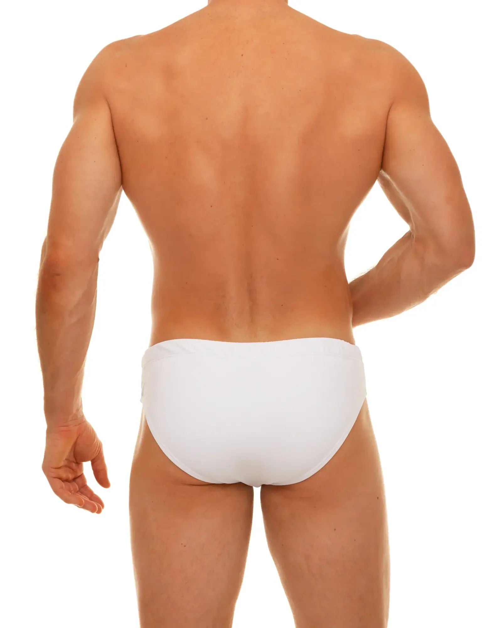 White along solid swim brief with smooth form fitting design ideal for swimming and beachwear