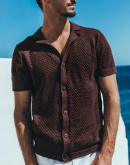Amafi knit shirt brown short-sleeved cardigan with textured mesh pattern and matching buttons made of knit fabric
