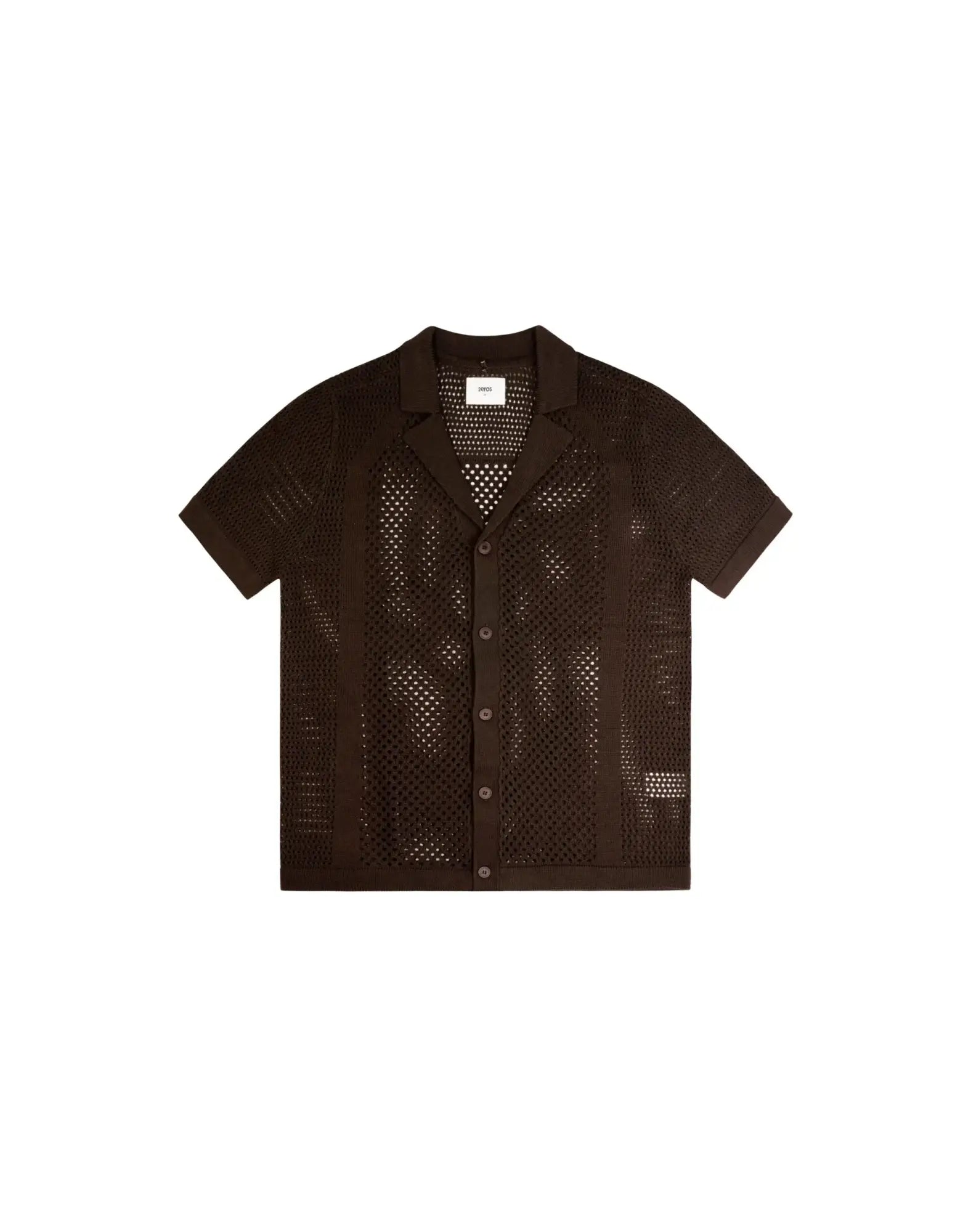 Amafi knit shirt dark brown short-sleeved button-up with perforated knit pattern and classic collar
